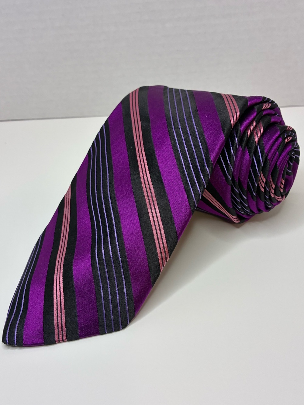 Ted Baker London Men Silk Tie Purple Black Multi Stripe Luxury Necktie EUC